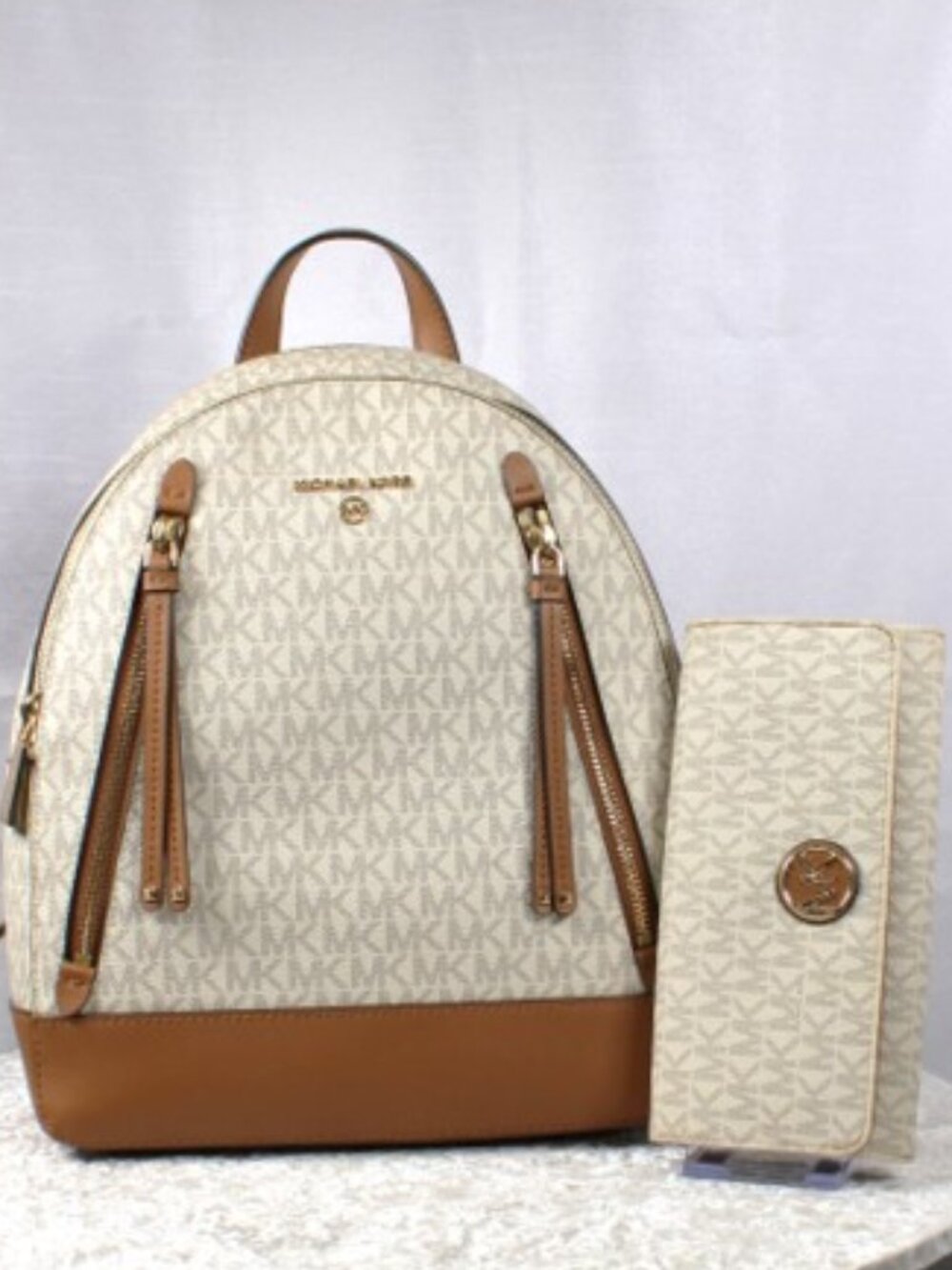 Michael Kors Erin Medium Backpack & Wallet Vanilla MK Signature PVC Leather Set